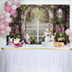 Lofaris Spring Easter Garden Backdrop, White Picket Fence with Floral Archway, Cute Bunnies and Colorful Eggs Photo Booth