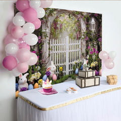 Lofaris Spring Easter Garden Backdrop, White Picket Fence with Floral Archway, Cute Bunnies and Colorful Eggs Photo Booth