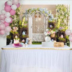 Lofaris Whimsical Easter Backdrop with White Wooden Door, Spring Floral Arch and Pastel Eggs, Green Grass Bunny Party Decor