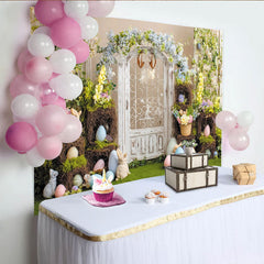 Lofaris Whimsical Easter Backdrop with White Wooden Door, Spring Floral Arch and Pastel Eggs, Green Grass Bunny Party Decor
