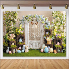 Lofaris Whimsical Easter Backdrop with White Wooden Door, Spring Floral Arch and Pastel Eggs, Green Grass Bunny Party Decor