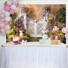 Lofaris Colorful Easter Backdrop with White Picket Fence and Spring Flowers, Vibrant Garden Scene for Party Decor
