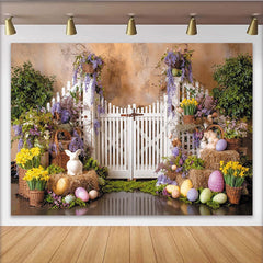 Lofaris Colorful Easter Backdrop with White Picket Fence and Spring Flowers, Vibrant Garden Scene for Party Decor