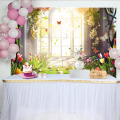 Lofaris Vibrant Spring Garden Easter Backdrop with Sunlit Arched Window, Colorful Tulips and Flying Butterflies