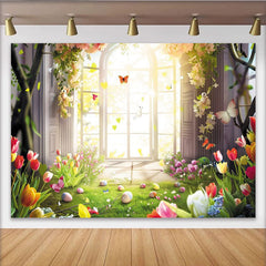 Lofaris Vibrant Spring Garden Easter Backdrop with Sunlit Arched Window, Colorful Tulips and Flying Butterflies