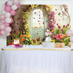 Lofaris Whimsical Spring Garden Easter Backdrop with Cute Bunnies, Vibrant Flowers and Butterflies, Arched Door Decor