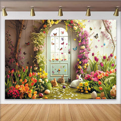 Lofaris Whimsical Spring Garden Easter Backdrop with Cute Bunnies, Vibrant Flowers and Butterflies, Arched Door Decor