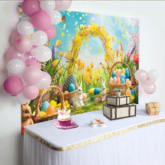 Lofaris Vibrant Easter Backdrop with Colorful Eggs and Cute Rabbits, Spring Flowers and Yellow Arch Party Decor