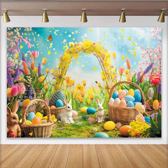 Lofaris Vibrant Easter Backdrop with Colorful Eggs and Cute Rabbits, Spring Flowers and Yellow Arch Party Decor