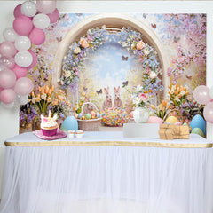 Lofaris Whimsical Easter Backdrop with Cute Bunnies and Colorful Eggs, Spring Floral Archway and Butterfly Garden
