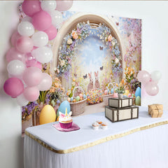 Lofaris Whimsical Easter Backdrop with Cute Bunnies and Colorful Eggs, Spring Floral Archway and Butterfly Garden