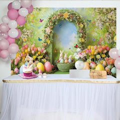 Lofaris Vibrant Spring Easter Backdrop with Floral Arch, Cute Bunnies and Colorful Eggs, Garden Party Photo Booth