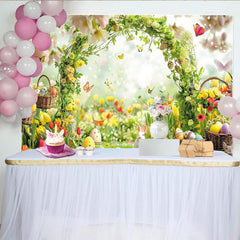 Lofaris Vibrant Spring Easter Backdrop with White Rabbit, Colorful Eggs, Butterflies and Floral Archway, for Celebration