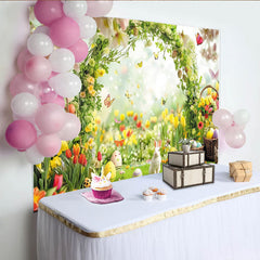 Lofaris Vibrant Spring Easter Backdrop with White Rabbit, Colorful Eggs, Butterflies and Floral Archway, for Celebration