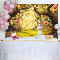 Lofaris Enchanted Easter Forest Photography Backdrop with Eggs and Lush Greenery, Spring Holiday Party Background for Photoshoot