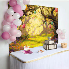 Lofaris Enchanted Easter Forest Photography Backdrop with Eggs and Lush Greenery, Spring Holiday Party Background for Photoshoot