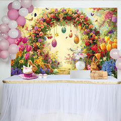 Lofaris Vibrant Floral Arch Easter Backdrop with Cute Bunnies Eggs, Spring Garden Background for Holiday Party Decor