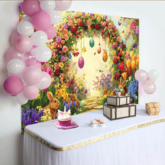 Lofaris Vibrant Floral Arch Easter Backdrop with Cute Bunnies Eggs, Spring Garden Background for Holiday Party Decor