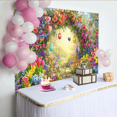 Lofaris Colorful Easter Backdrop with Spring Flowers, Cute Bunnies and Eggs, Garden Photography Background for Holiday Party