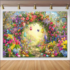 Lofaris Colorful Easter Backdrop with Spring Flowers, Cute Bunnies and Eggs, Garden Photography Background for Holiday Party