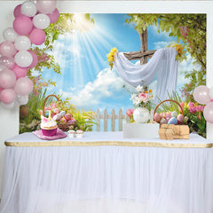 Lofaris Bright Spring Easter Backdrop with Wooden Cross  Eggs, Sunny Sky and Green Grass, Festive Photography Holiday Decor