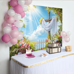 Lofaris Bright Spring Easter Backdrop with Wooden Cross  Eggs, Sunny Sky and Green Grass, Festive Photography Holiday Decor