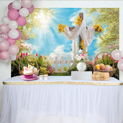 Lofaris Spring Easter Backdrop with Wooden Cross, Colorful Eggs and Sunny Sky, Lush Green Grass Background for Holiday Party