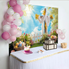 Lofaris Spring Easter Backdrop with Wooden Cross, Colorful Eggs and Sunny Sky, Lush Green Grass Background for Holiday Party