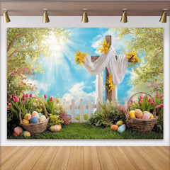 Lofaris Spring Easter Backdrop with Wooden Cross, Colorful Eggs and Sunny Sky, Lush Green Grass Background for Holiday Party