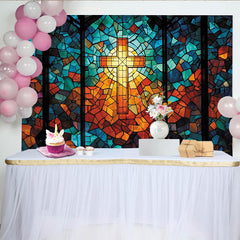 Lofaris Vibrant Stained Glass Cross Photography Backdrop with Mosaic Pattern, Religious Church Window Background for Studio Portrait