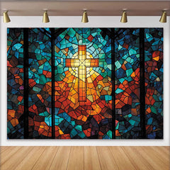 Lofaris Vibrant Stained Glass Cross Photography Backdrop with Mosaic Pattern, Religious Church Window Background for Studio Portrait