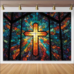 Lofaris Vibrant Stained Glass Cross Photography Backdrop with Radiant Light, Artistic Studio Background for Religious Event