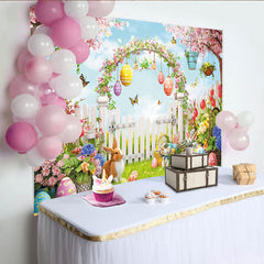 Lofaris Vibrant Spring Garden Easter Backdrop with Bunnies and Eggs, Floral Photography Background for Holiday Party Decoration