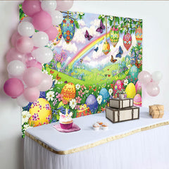 Lofaris Colorful Easter Backdrop with Decorated Eggs and Spring Flowers, Rainbow Sky Photography Background for Holiday Party