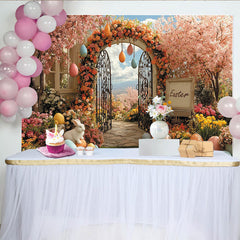 Lofaris Pink Cherry Blossom Easter Backdrop with Floral Arch, Spring Garden Photo Background for Holiday Party Decoration
