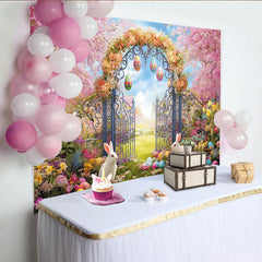 Lofaris Vibrant Spring Easter Garden Backdrop with Pink Cherry Blossoms, Ornate Gate and Cute Rabbits for Photoshoot