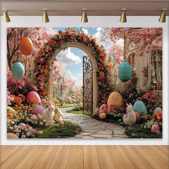 Lofaris Pink Cherry Blossom Easter Backdrop with Colorful Eggs, Spring Garden Photography Background for Holiday Party Decor