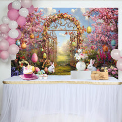 Lofaris Vibrant Easter Garden Gate Backdrop with Pink Cherry Blossoms, Colorful Eggs and White Rabbits for Spring Photography