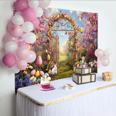 Lofaris Vibrant Easter Garden Gate Backdrop with Pink Cherry Blossoms, Colorful Eggs and White Rabbits for Spring Photography