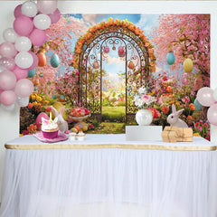 Lofaris Pink Cherry Blossom Easter Backdrop with Colorful Eggs, Rabbits and Spring Garden Archway Background for Holiday Photoshoot