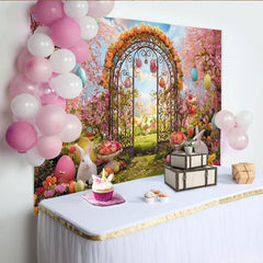 Lofaris Pink Cherry Blossom Easter Backdrop with Colorful Eggs, Rabbits and Spring Garden Archway Background for Holiday Photoshoot