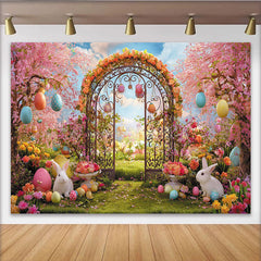 Lofaris Pink Cherry Blossom Easter Backdrop with Colorful Eggs, Rabbits and Spring Garden Archway Background for Holiday Photoshoot