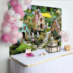 Lofaris Whimsical Easter Backdrop with Cute Bunnies and Colorful Eggs, Enchanting Spring Garden Background for Holiday Party Decor