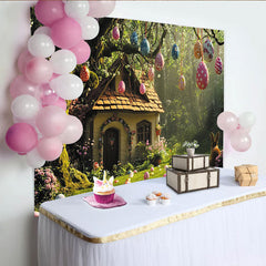 Lofaris Whimsical Easter Backdrop with Hanging Eggs, Enchanted Forest Cottage and Rabbit for Spring Photography