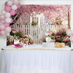 Lofaris Pink Cherry Blossom Easter Backdrop with Picket Fence and Spring Flowers, Pastel Eggs Photography Holiday Decor
