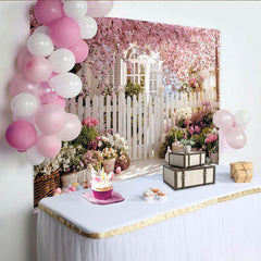 Lofaris Pink Cherry Blossom Easter Backdrop with Picket Fence and Spring Flowers, Pastel Eggs Photography Holiday Decor