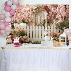 Lofaris Pink Cherry Blossom Easter Backdrop with Picket Fence, Spring Garden Photography Background for Holiday Decor
