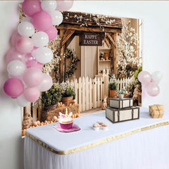 Lofaris Rustic Easter Backdrop with Wooden Arch, Spring Flowers Picket Fence, Charming Background for Holiday Celebration