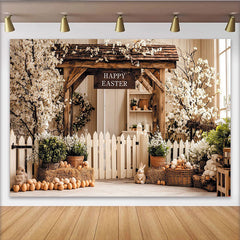 Lofaris Rustic Easter Backdrop with Wooden Arch, Spring Flowers Picket Fence, Charming Background for Holiday Celebration
