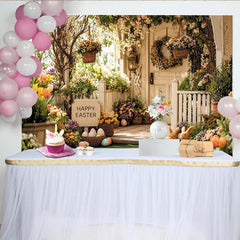 Lofaris Happy Easter Porch Backdrop with Bunnies, Eggs, and Spring Flowers, Festive Photography Background for Holiday Decor
